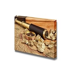 Gold Nuggets and Vintage Brass Telescope on Antique Map Retro Style Still Life - Canvas Art Wall Art - 12" x 18"