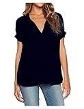 OURS Women Deep V Neck Chiffon Casual Blouse Tops Shirt (L, Black)