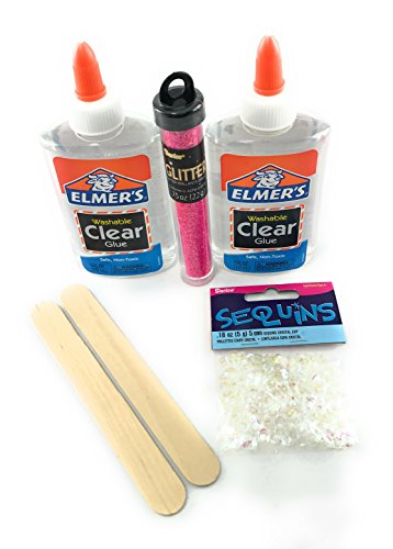 Elmer's Clear Glue | Slime Making Essentials | 2 Pack of Elmer's Clear Glue, Neon Pink Glitter, Sequins & 2 Jumbo Craft Sticks