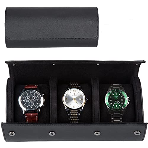 Watch Travel Case Handmade Leather Watch Rolls Box for Man Travel Watch Roll with Velvet to Protection Watch Roll Organizer to Home Secure Storage (3 Slot, Black)