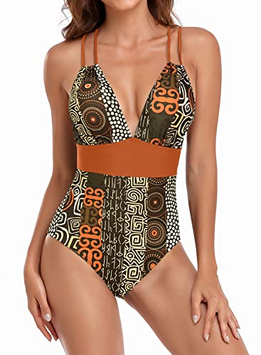Husmeu Women's Vintage Swimsuits for Women Tummy Control One Piece Bathing Suits High Waisted Sexy Monokini Swimwear Printed Brown S