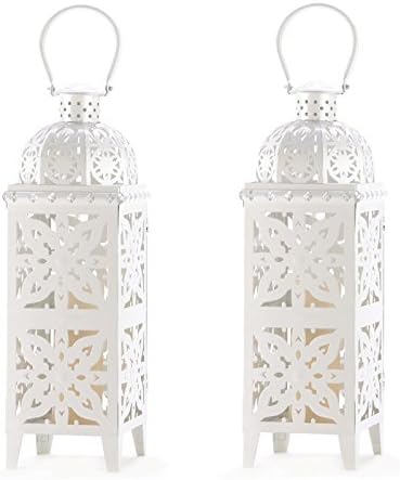 2 White Giant Size Candle Lanterns Design Modern Medallion Cutout