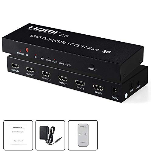 2x4 HDMI Splitter HDMI Switch Splitter 4 Out 2 in, NEWPOWER 2 in 4 Out HDMI Splitter with SPDIF Audio 3.5mm, Support HD 4K, 3D, 1080P
