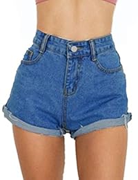 Pantalones cortos para dama, cintura alta, dobladillo plegado, elástico, vaquero