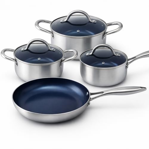 Conjunto de Panelas Antiaderente com Revestimento Cerâmico, Cabo Bifurcado Ergonômico, Fácil de Limpar, Inclui Caçarolas 2,2L e 1,7L, Panela 1,2L e Frigideira 900ml, 4 Peças