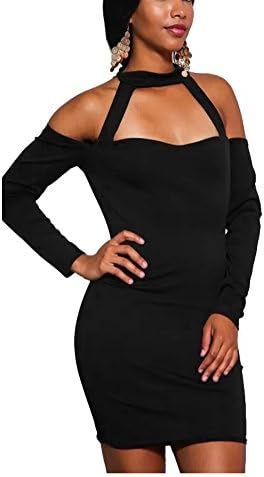 PrettySoul Women's Sexy Halter Long Sleeve Off Shoulder Hollow Out Bodycon Party Club Cocktail Mini Dress Black, Medium