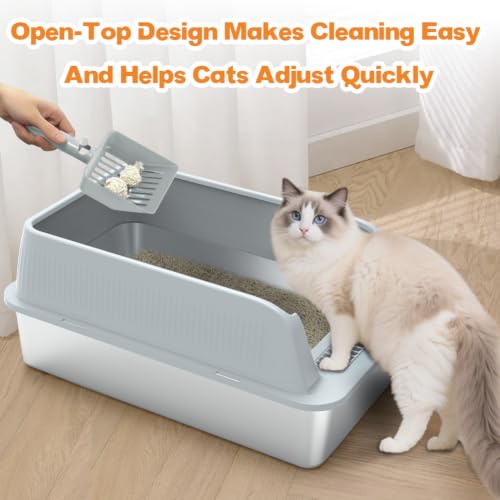 Vivifying Stainless Steel Cat Litter Tray, XL Stainless Steel Cat Litter Box Easy to Clean and Odour-Resistant with Scoop for Cats up to 8.2kg (Light Grey)