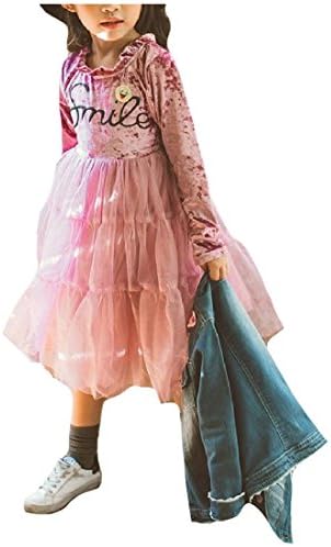 Sheng Xi Girls Letter Pleuche Stitch Long Sleeve Princess Party Dresses Pink 100