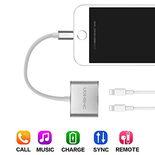Dual Lightning Adapter Splitter ,Double Lightning Headphone Charge Adapter,Support Call&Music+Charger &Sync Data for iPhone 7/7 Plus,Compatible with iOS 10.3 (1Pack) (PH-C003 Silver)