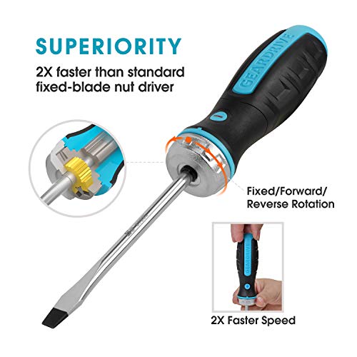GearDrive 6-piece Ratcheting Screwdriver Set - Fixed Blade, Slotted and Philips Magnetic Tips, Non-slip Tire Texture Handle, 1 Bonus Bottle Opener Included