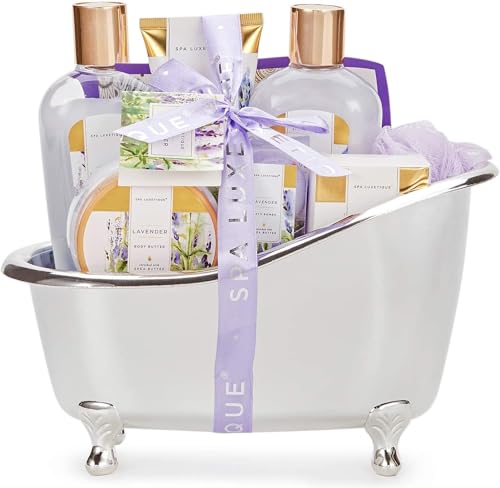 Spa Gifts for Women, Spa Luxetique Spa Gift Baskets with Daisy Scented, 8pc Home Bath and Body Gifts Set, Spa Bath Set Includes Body Lotion, Bubble Bath, Bath Salt, Essential Oil (Lavender)