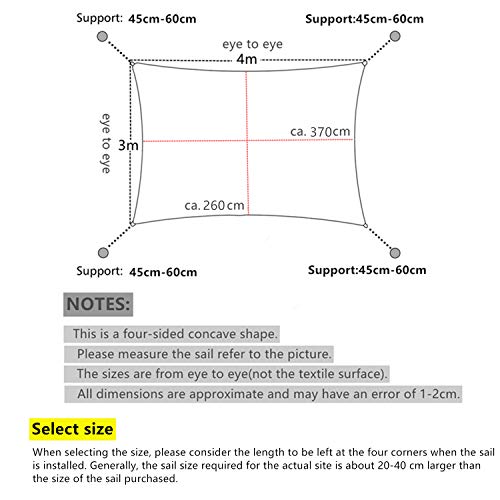 Sekey Sonnensegel 3x4m, Sonnenschutz, Rechteckig HDPE-Kunststoff, Winddicht Wasserdurchlässig UV-beständig Atmungsaktiv… – Bild 8