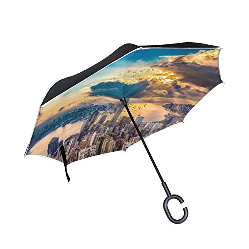 Vipsk Double Layer Wind Proof UV Proof Colorful City High-Rise Vision Fluorescent Strips Reverse Folding Inverted Umbrella Travel Umbrella with C Shape Handle