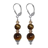 925 Sterling Silver Brown Tiger Eye Gemstone Drop Earrings Made with Swarovski Elements Crystal