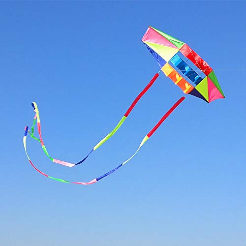Beach Kites for Adults Large with Long Tail, 98 inches Super Easy Flyer 3D Rainbow Box Kites, Come with 49 Feet Multi Colors Tails x 2, 300 ft Kite String & Handle - Thumbnail 7