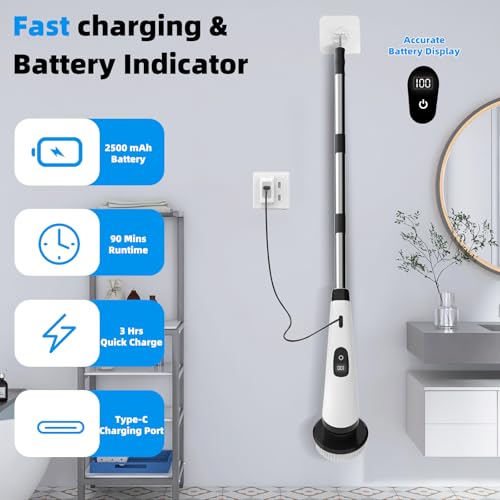 SINZUX Electric Spin Scrubber, Electric Cleaning Brush with 8 Replaceable Brush Heads, Electric Scrubbing Brush with LED Display and Adjustable Extension Handle for Bathroom Kitchen Car