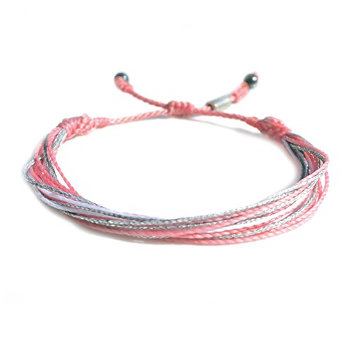 RUMI SUMAQ Breast Cancer Awareness Bracelet in Pale Pink, White and Metallic Silver Cord Adjustable Drawstring Cause…