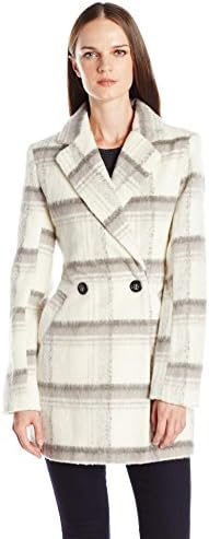 Byer California Women's Plaid Faux Mohair Wool Oversized Peacoat, White/Grey, X-Large