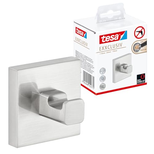tesa EXXCLUSIV Towel Hook - Bathroom Hanger - Steel Look - 50 x 50 x 39 mm