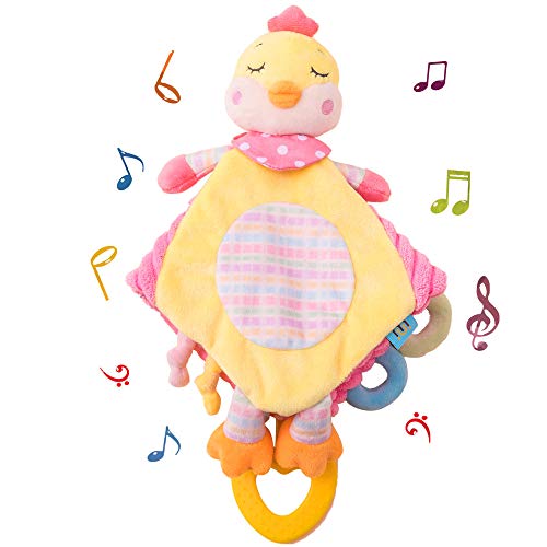 Baby Rattles Security Blanket Soft Fabric Lovey Blanket with Lovely Animal, Helps Calm Kids to Sleep for Infants, Newborn (Chick)