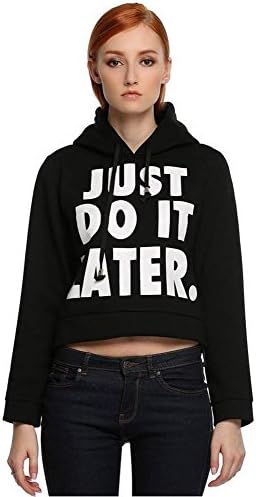 frose Women Long Sleeve Just Do It Later Sweatshirt Print Fleece Hoodie Crop Top