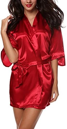 Jaylaka Women's Kimono Robe Satin Lounge Bridesmaids Robe Short Style (Red, XL)