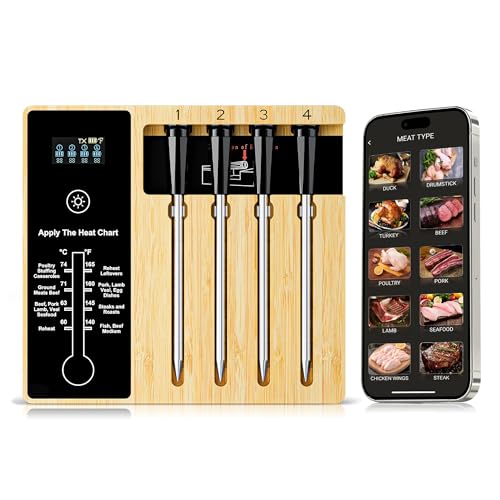 Smart Wireless Meat Thermometer 4 Probes, Bluetooth Food Thermometer, Remote Tracking and Real-Time Readings from Apps, for iOS and Android, for BBQ, Grill, Smoker