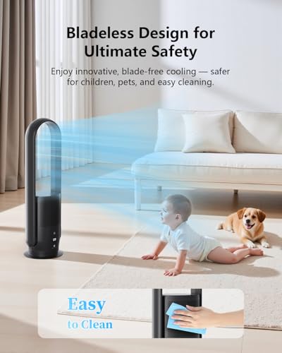 U ULTTY Bladeless Tower Fan and Air Purifier in one, Quiet Tower Fan with Remote, Touch, 9 Speeds, 8H Timer, HEPA Filter 99.97%, 90° Oscillation Fans, Floor Fans Powerful for Home Office Room, Black