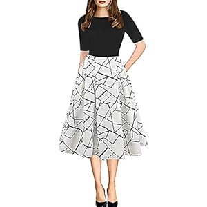 Vintage jurk voor dames, lange mouwen, partyjurk, patchwork, bloemen, baljurk, swingjurk met zakken