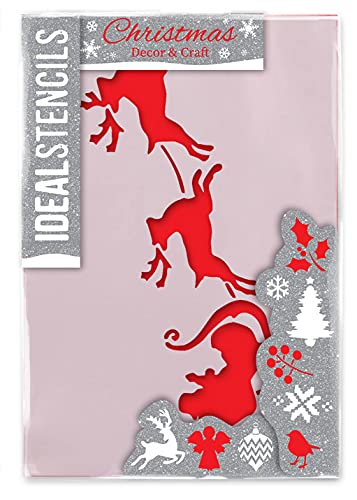 Christmas Santa Sleigh & Reindeer Stencil - Decorative Craft, Festive, Reusable (A4 Size / 21X30CM)