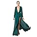 Miss ord Women's Sexy Deep V Long Sleeve High Split Maxi Dress with Belt Swimsuit Swim Beach Maxi Cover Up Dress Green