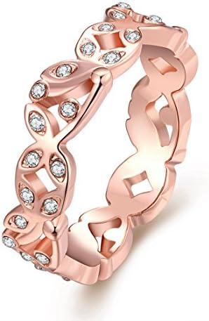[Eternity Love] Women's Retro 18K Rose Gold Plated Cubic Zirconia Leaf Slim Rings Best Promise Rings for Her Anniversary Cocktail Bands TIVANI Collection Jewelry Rings