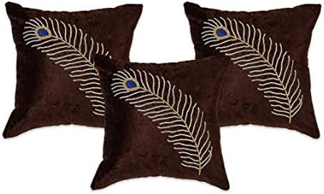 NEHA HANDICRAFTS Silk & Velvet 3 Piece Decorative Handmade Krishna Mor Pankh Design Stone & Jarkan Beads Work Sofa Cushion Covers - 16" x 16", Brown