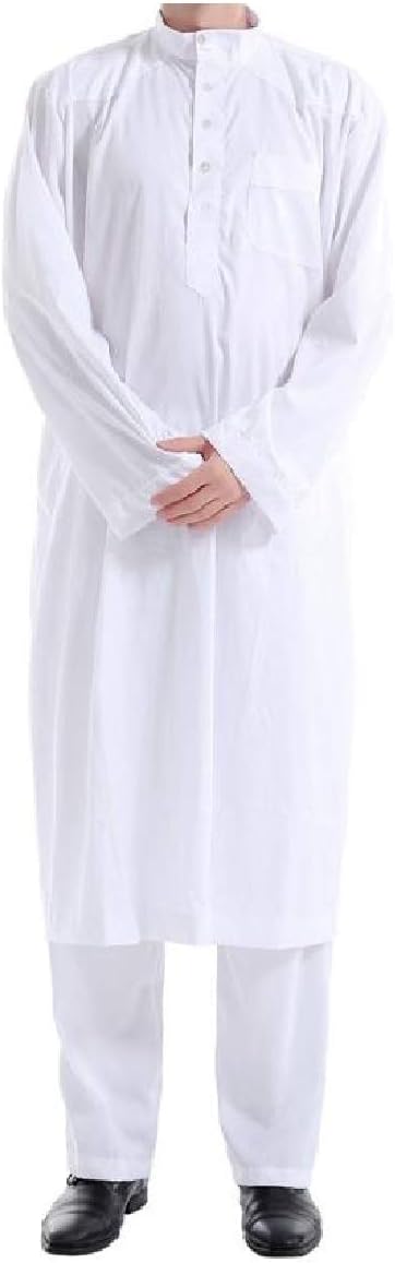 Mens Stylish Muslim Outfit Abaya Arab Two-Piece Straight Pants Solid Tees