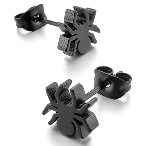 Men's Stainless Steel Stud Earrings Black Spider Punk Rock