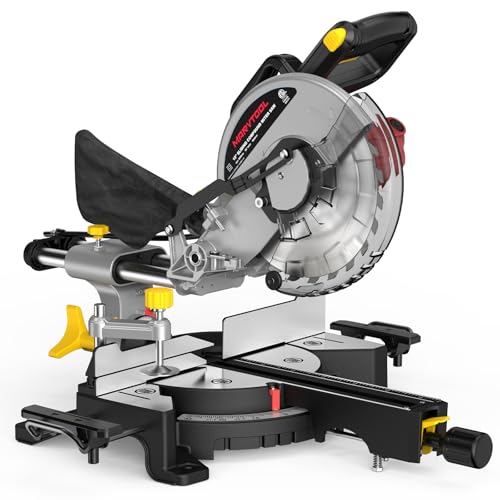 10-inch Sliding Compound Miter Saw, 5000RPM, 15 Amp, Single Bevel 0-45° with Extension Table, 36T Blade, Power Saw for Metal, Plastic, Wood, Laminates