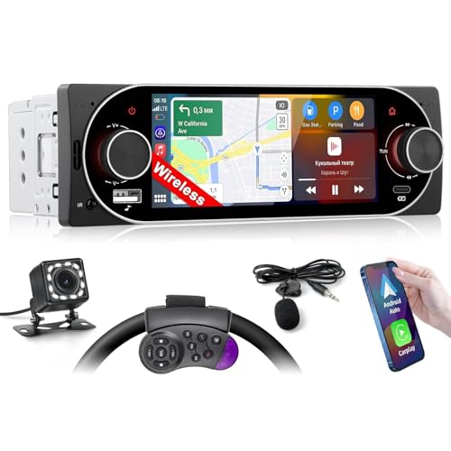 Inefala Radio Display 1 DIN with Carplay and Android Auto, 5.1'' Touch Screen with Bluetooth, Mirror Link, FM/RDS USB Type-C EQ, Rear View Camera