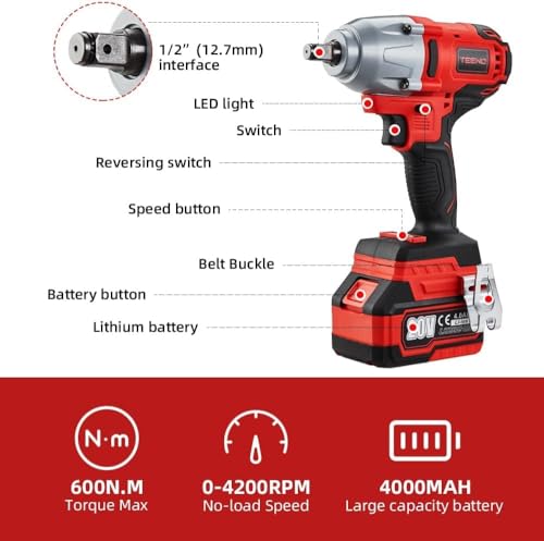 TEENO Impact Wrench, 600Nm Brushless Cordless Impact Wrench 20V, Electric Impact Nutrunner with Two 4.0Ah Batteries, Box with 4Pcs Sockets(2 batteries), Electric Impact Driver for Car Home