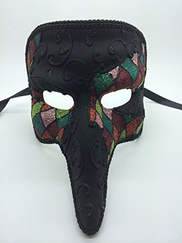 New Shor Nose Laser Cut Medieval Plague Doctor Face Design Masquerade Halloween Mask - Black w/ Rainbow Glitter Checker Pattern