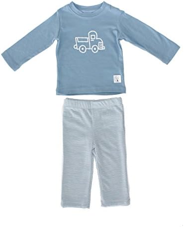 Three Bags Full Baby Merino Wool Set Truck Printed Top and Striped Pants 3-6 months Light Blue