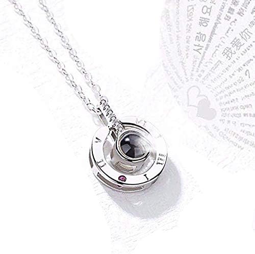 Turelifes Women Necklace Silver Projection Necklace Love Memories 100 Languages I Love You Necklace Zircon Pendant 18inch Chain for Women Girls Birthday
