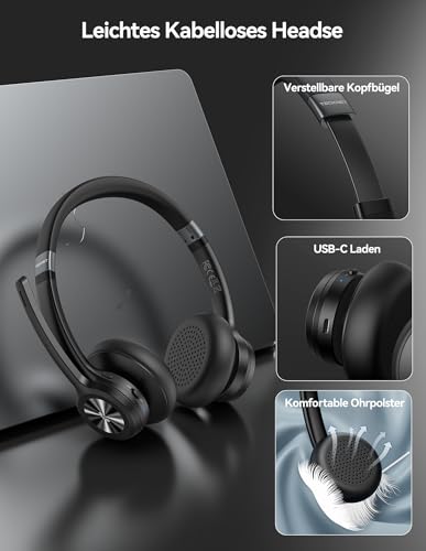TECKNET V5.2 Bluetooth Headset with Microphone & USB Dongle Wireless Headset with Noise Cancelling and Mute Microphone On-Ear Headphones Wireless for Trucker / Call Center / Office - 50+ Hours Battery
