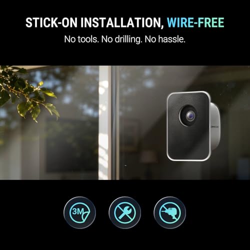 CINMOORE No Drill Window Security Camera, 2.5K 4MP Wireless/Wired WiFi Indoor/Outdoor Camera, Free AI Human/Vehicle/Pet Detection, 5000mAh Battery or Plug-in Power, Full Duplex Audio, 24/7 Recording