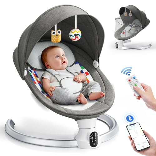 Ixdregan APP Operation Baby Bouncer, 5-Point Harness Improved Electric Baby Swing with 3 Timers, 5 Speed Swing, 10 Musics, Baby Bouncer, Bluetooth Soft Padded 0-9 kg