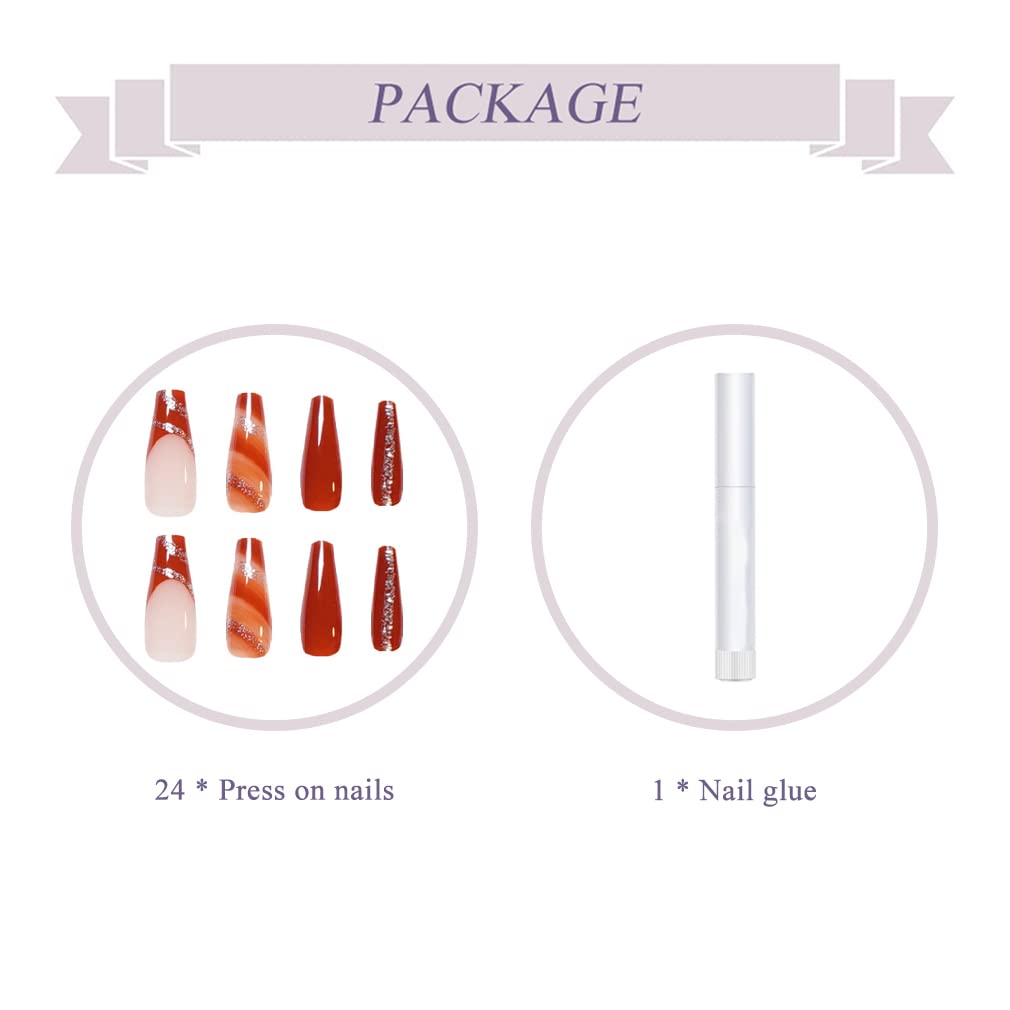 BABALAL Coffin Press on Nails Long Fake Nails Glossy Glue Nails Brown Fall Acrylic Nails Ballerina Manicure Stick on False Nails for Women and Girls - Image 4