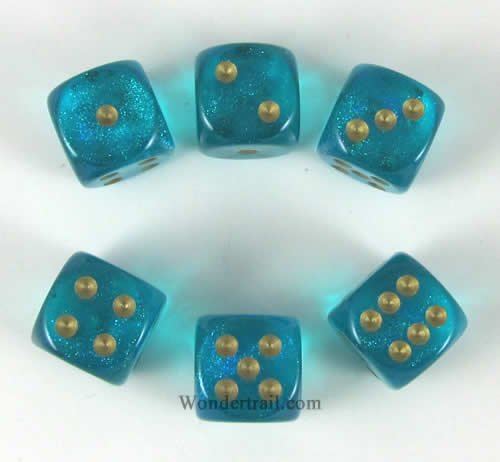 Teal Borealis With Gold Pips 16mm D6 Dice Set of 6 Wondertrail WCX27686E6