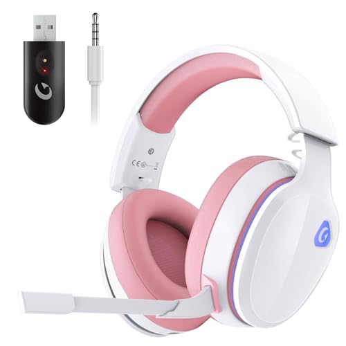 2,4 GHz Pink Wireless Gaming Headset für PC, PS5, Switch, Mac & Bluetooth-Geräte – Kabelloser Gaming Kopfhörer Pink mit Abnehmbarem Noise-Cancelling Mikrofon, S