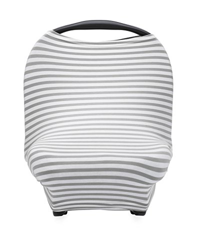 The Good Baby 4 in 1 Car Seat Cover for Girls and Boys - Stretchy Carseat Canopy, Nursing Cover, Grocery Cart Cover, Infinity Scarf - Grey/White Stripes