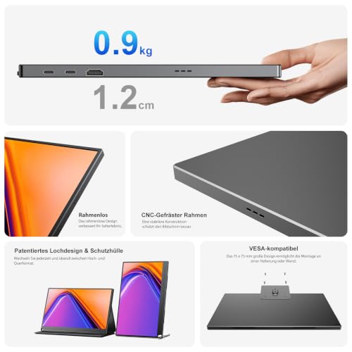 UPERFECT Portable Monitor 15.6 inch, NxtLED Eye-Friendly Laptop Monitor, 125% sRGB 1080p, Flicker-Free Display with USB-C, HDMI and VESA Connection for Computer, Mini PC and Game Consoles
