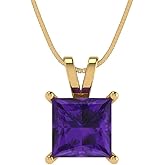 Clara Pucci 14K Yellow Gold Plated Solitaire 18" Box-Chain Necklace - Sterling Silver 2ct Princess Cut Amethyst Pendant